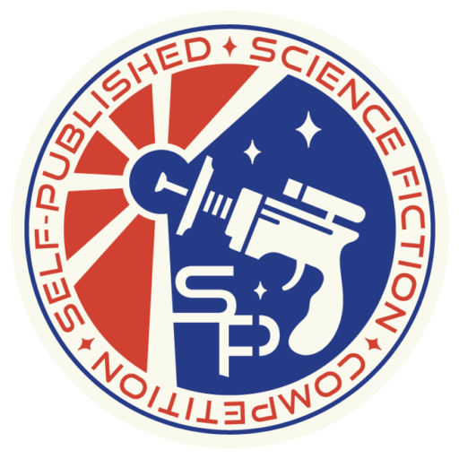 The logo of the Self-Published Science Fiction Competition, which depicts a retro ray gun on a blue and red background in a circle.